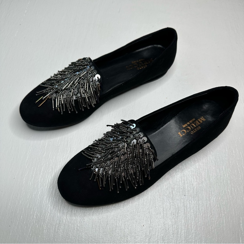 Sesto Meucci Womens Shoes Black Kamile Embellished Suede Loafers Size 8.5 Flats